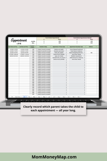 Appointment Log with Monthly and Annual Summaries Google Sheets Spreadsheet