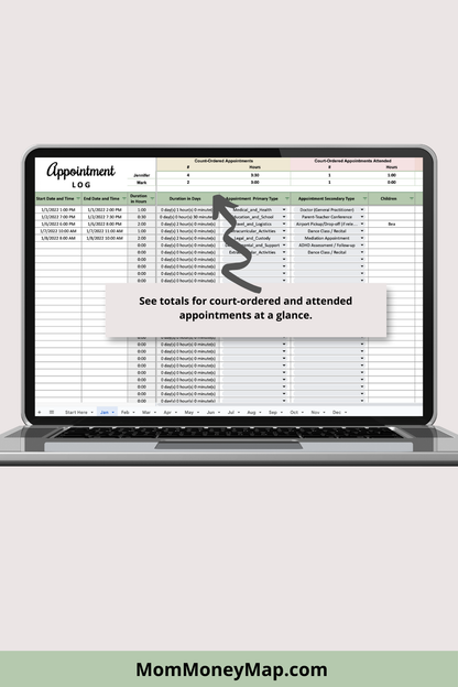 Appointment Log with Monthly and Annual Summaries Google Sheets Spreadsheet