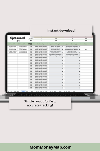 Appointment Log with Monthly and Annual Summaries Google Sheets Spreadsheet